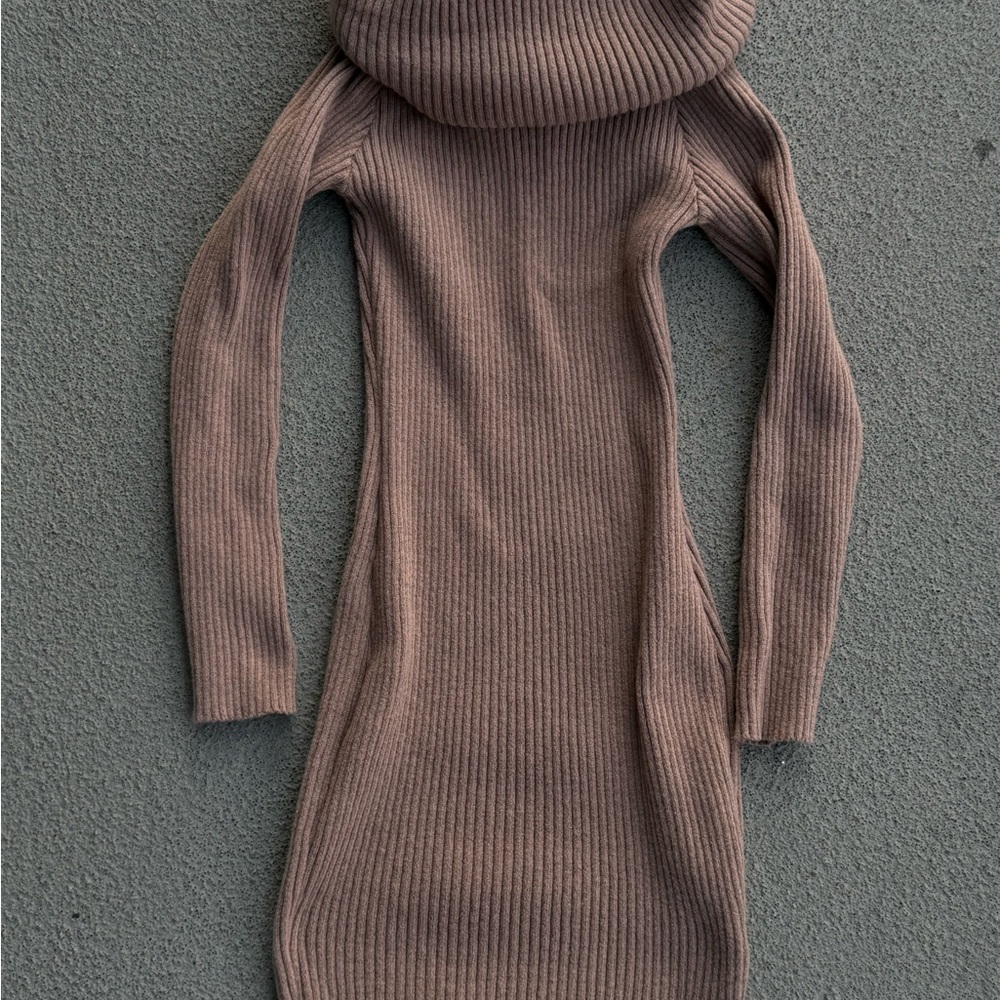 Ribbed Knit Turtleneck Sweater Dress in Taupe